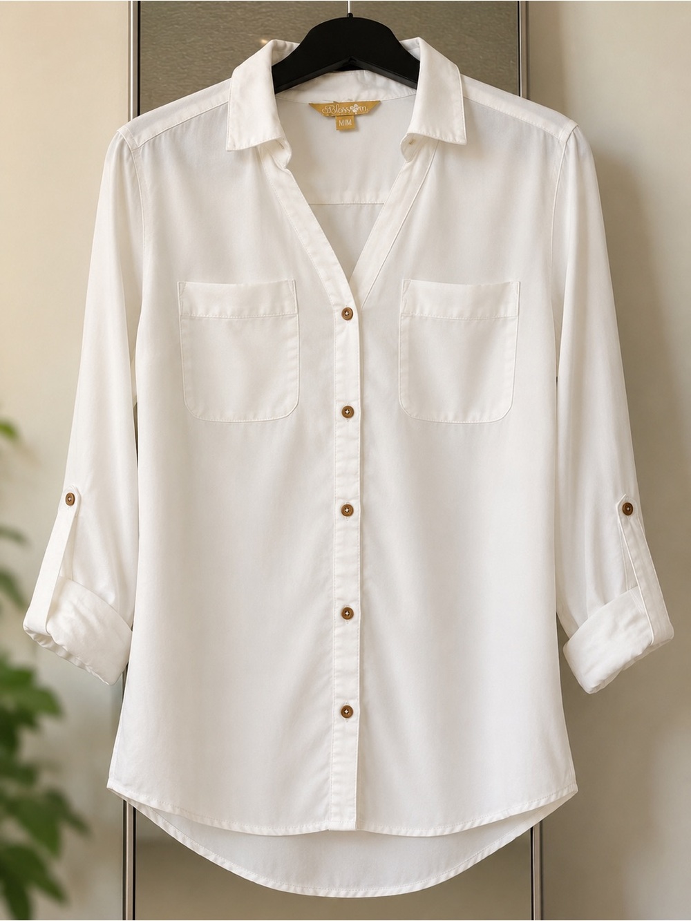 Relaxed White Button-Down Shirt with Roll-Tab Sleeves - Size M